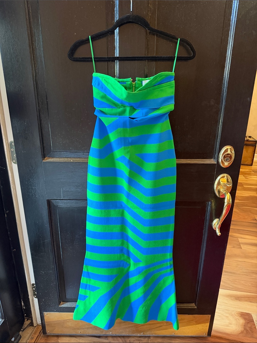 Green & Blue Striped Strapless Dress